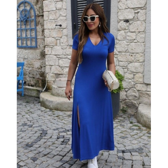 Kadın Kısa Kollu V Yakalı Maksi Boy Viskon Elbise, 31519