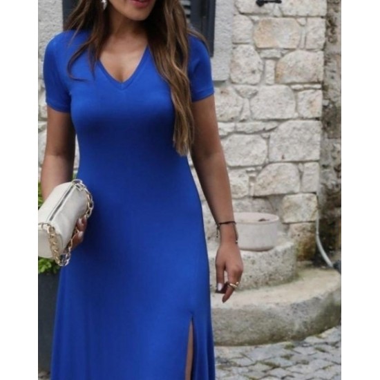 Kadın Kısa Kollu V Yakalı Maksi Boy Viskon Elbise, 31519