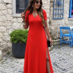 Kadın Kısa Kollu V Yakalı Maksi Boy Viskon Elbise, 31518