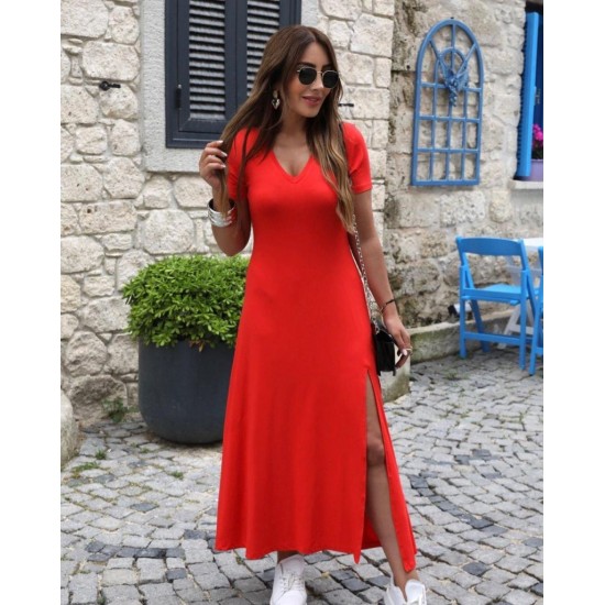 Kadın Kısa Kollu V Yakalı Maksi Boy Viskon Elbise, 31518