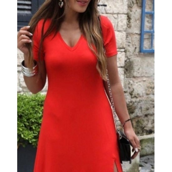 Kadın Kısa Kollu V Yakalı Maksi Boy Viskon Elbise, 31518