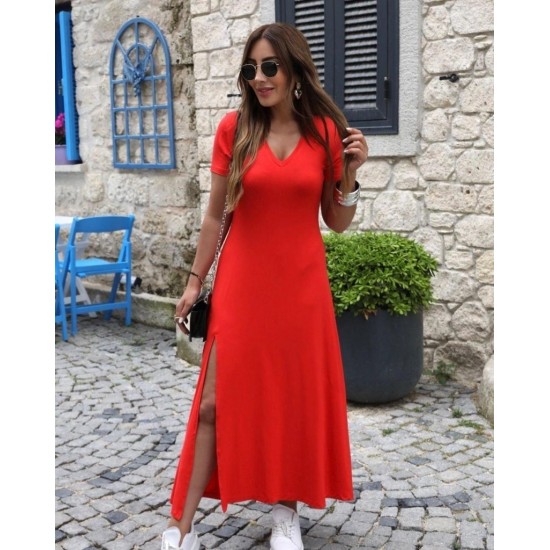Kadın Kısa Kollu V Yakalı Maksi Boy Viskon Elbise, 31518