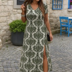 Kadın Kısa Kollu V Yakalı Maksi Boy Viskon Elbise, 31517