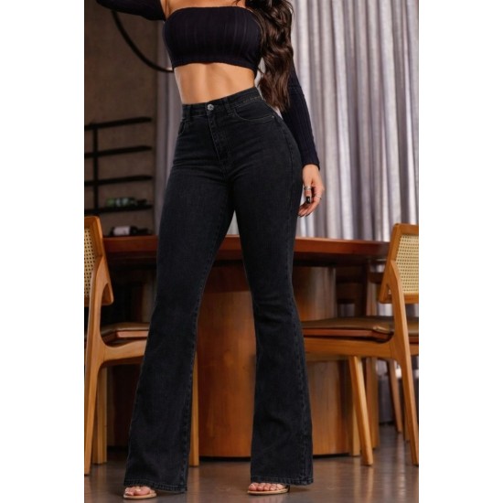 Kadın Yüksek Bel Tek Düğmeli Paçaya Doğru Genişleyen Kot Pantolon, 31532