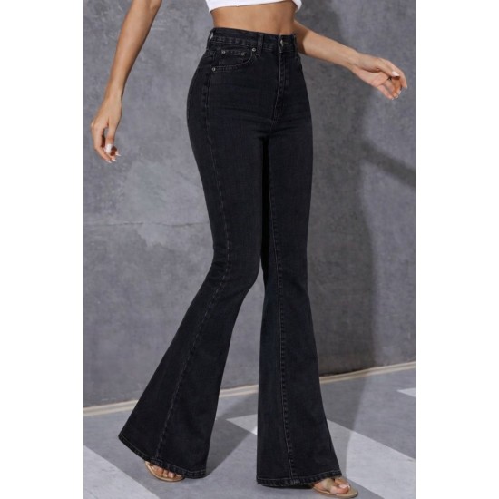 Kadın Yüksek Bel Tek Düğmeli Paçaya Doğru Genişleyen Kot Pantolon, 31532