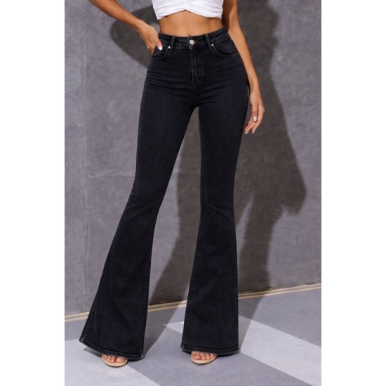 Kadın Yüksek Bel Tek Düğmeli Paçaya Doğru Genişleyen Kot Pantolon, 31532