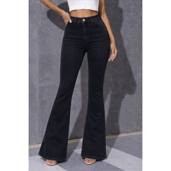 Kadın Yüksek Bel Tek Düğmeli Paçaya Doğru Genişleyen Kot Pantolon, 31532