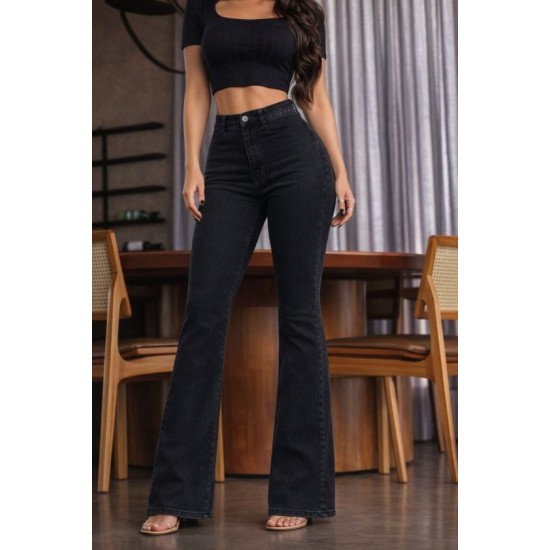 Kadın Yüksek Bel Tek Düğmeli Paçaya Doğru Genişleyen Kot Pantolon, 31532