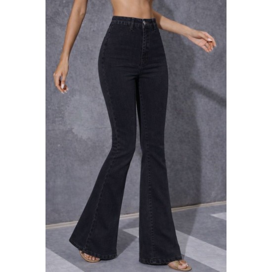 Kadın Yüksek Bel Tek Düğmeli Paçaya Doğru Genişleyen Kot Pantolon, 31532