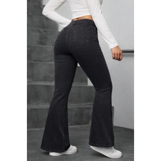 Kadın Yüksek Bel Tek Düğmeli Paçaya Doğru Genişleyen Kot Pantolon, 31532