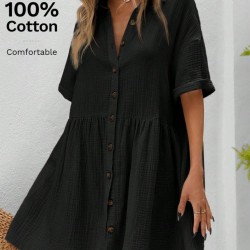 Kadın Kısa Kollu Yakalı önden Düğmeli Kısa Bürümcük Elbise, 31542