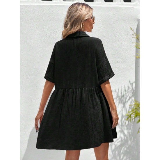 Kadın Kısa Kollu Yakalı önden Düğmeli Kısa Bürümcük Elbise, 31542
