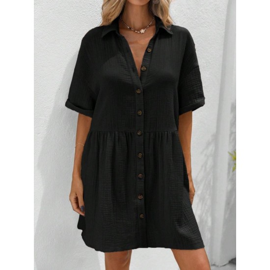 Kadın Kısa Kollu Yakalı önden Düğmeli Kısa Bürümcük Elbise, 31542