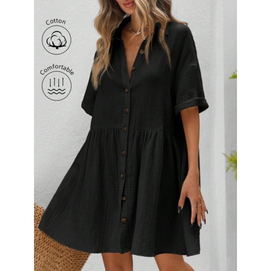 Kadın Kısa Kollu Yakalı önden Düğmeli Kısa Bürümcük Elbise, 31542