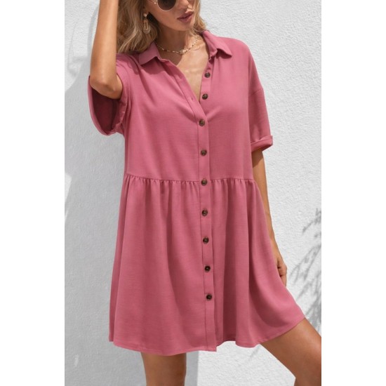 Kadın Kısa Kollu Yakalı önden Düğmeli Kısa Bürümcük Elbise, 31541