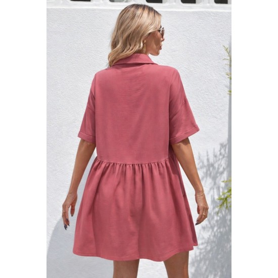 Kadın Kısa Kollu Yakalı önden Düğmeli Kısa Bürümcük Elbise, 31541