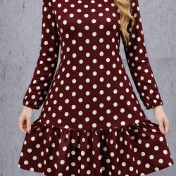 Kadın Uzun Kollu Bisiklet Yaka Fırfırlı Puantiyeli Kısa Modal Elbise, 31540