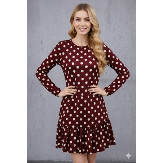 Kadın Uzun Kollu Bisiklet Yaka Fırfırlı Puantiyeli Kısa Modal Elbise, 31540