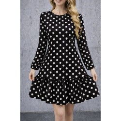 Kadın Uzun Kollu Bisiklet Yaka Fırfırlı Puantiyeli Kısa Modal Elbise, 31539
