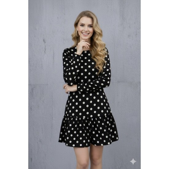Kadın Uzun Kollu Bisiklet Yaka Fırfırlı Puantiyeli Kısa Modal Elbise, 31539