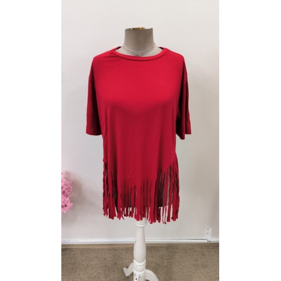 Kadın Kısa Kollu Bisiklet Yaka Püsküllü Viskon Bluz , 31535