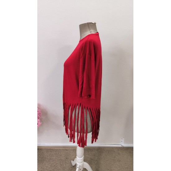 Kadın Kısa Kollu Bisiklet Yaka Püsküllü Viskon Bluz , 31535