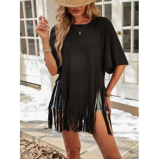 Kadın Kısa Kollu Bisiklet Yaka Püsküllü Viskon Bluz , 31533