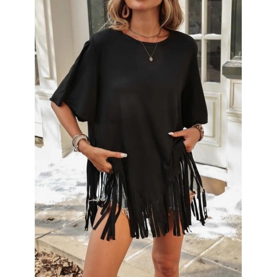 Kadın Kısa Kollu Bisiklet Yaka Püsküllü Viskon Bluz , 31533