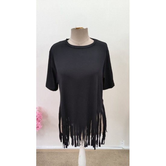 Kadın Kısa Kollu Bisiklet Yaka Püsküllü Viskon Bluz , 31533