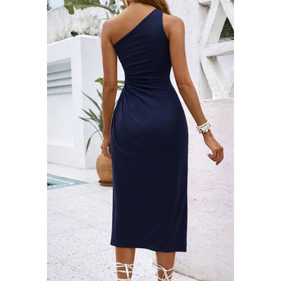 Kadın Tek Omuzdan Askılı Yandan Büzgülü Yırtmaçlı Midi Viskon Elbise, 31546