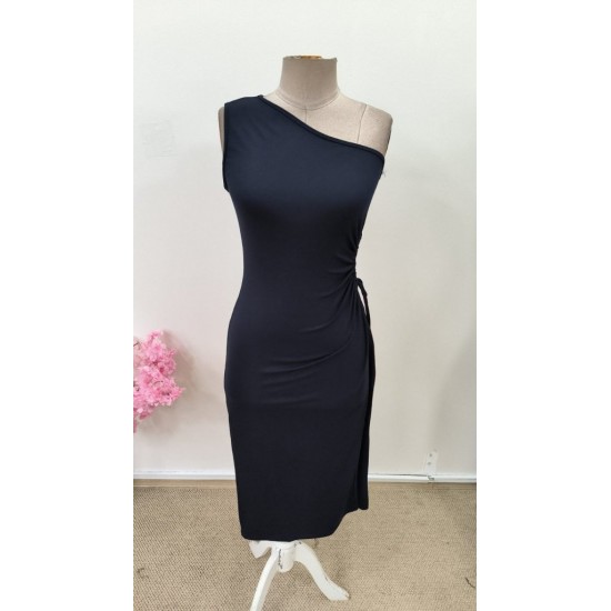 Kadın Tek Omuzdan Askılı Yandan Büzgülü Yırtmaçlı Midi Viskon Elbise, 31546