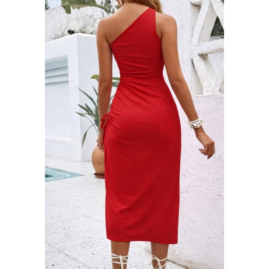 Kadın Tek Omuzdan Askılı Yandan Büzgülü Yırtmaçlı Midi Viskon Elbise, 31545