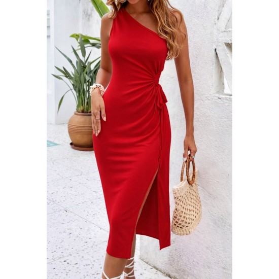 Kadın Tek Omuzdan Askılı Yandan Büzgülü Yırtmaçlı Midi Viskon Elbise, 31545