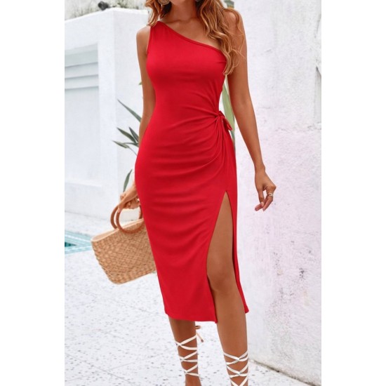 Kadın Tek Omuzdan Askılı Yandan Büzgülü Yırtmaçlı Midi Viskon Elbise, 31545