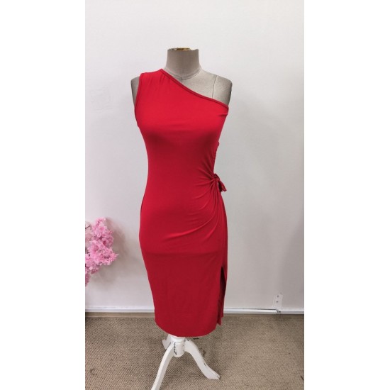 Kadın Tek Omuzdan Askılı Yandan Büzgülü Yırtmaçlı Midi Viskon Elbise, 31545