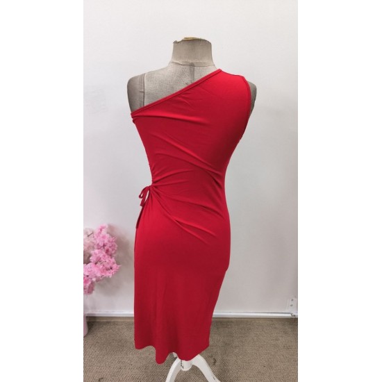 Kadın Tek Omuzdan Askılı Yandan Büzgülü Yırtmaçlı Midi Viskon Elbise, 31545