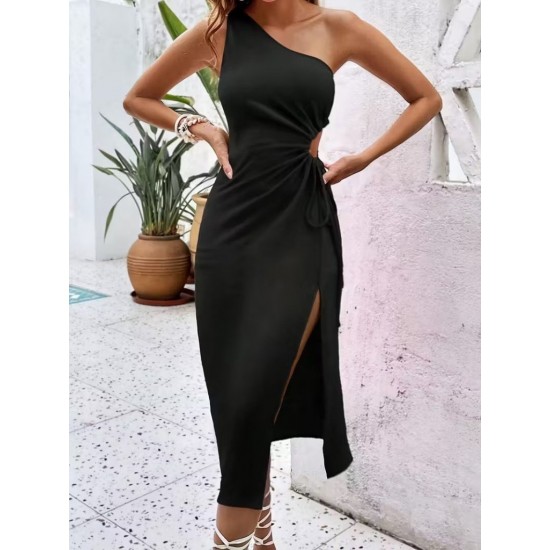 Kadın Tek Omuzdan Askılı Yandan Büzgülü Yırtmaçlı Midi Viskon Elbise, 31543