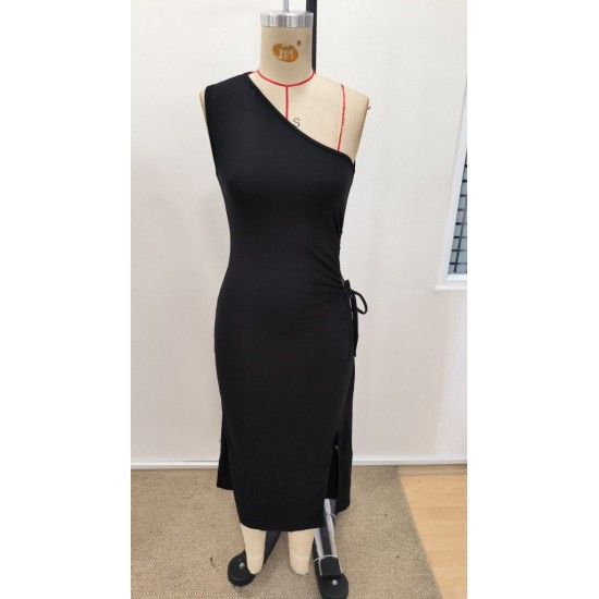 Kadın Tek Omuzdan Askılı Yandan Büzgülü Yırtmaçlı Midi Viskon Elbise, 31543