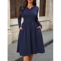 Kadın Uzun Kollu V Yakalı Cepli Midi Ithal Krep Elbise, 31552