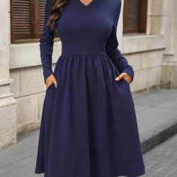 Kadın Uzun Kollu V Yakalı Cepli Midi Ithal Krep Elbise, 31552