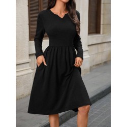 Kadın Uzun Kollu V Yakalı Cepli Midi Ithal Krep Elbise, 31550