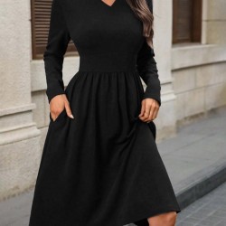 Kadın Uzun Kollu V Yakalı Cepli Midi Ithal Krep Elbise, 31550