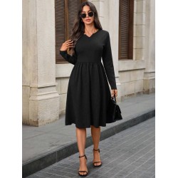 Kadın Uzun Kollu V Yakalı Cepli Midi Ithal Krep Elbise, 31550