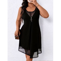 Kadın Askılı Yuvarlak Yaka Fermuarlı Tül Detaylı Kısa Viskon Elbise , 31555