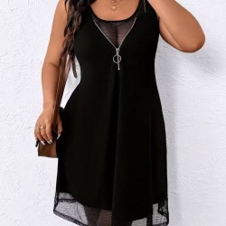 Kadın Askılı Yuvarlak Yaka Fermuarlı Tül Detaylı Kısa Viskon Elbise , 31555