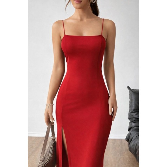 Kadın Ip Askılı Yandan Yırtmaçlı Uzun Dalgıç Elbise , 31565