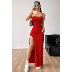 Kadın Ip Askılı Yandan Yırtmaçlı Uzun Dalgıç Elbise , 31565