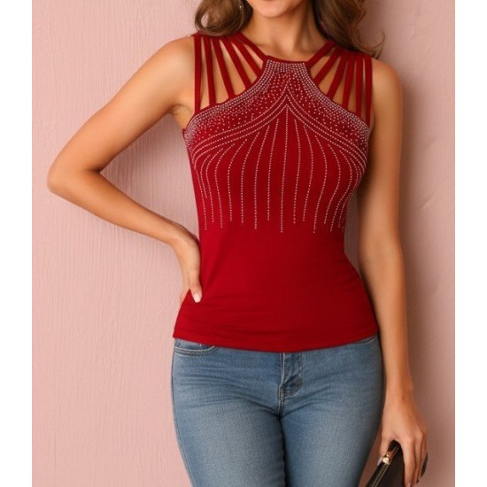 Kadın Omuzlardan Askı şerit Detaylı Taşlı Viskon Bluz , 31556 Kadın Omuzlardan Askı şerit Detaylı Taşlı Viskon Bluz , 31556