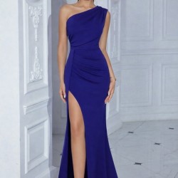 Kadın Tek Omuzdan Askılı Derin Yırtmaçlı Uzun Ithal Krep Elbise, 31587 Kadın Tek Omuzdan Askılı Derin Yırtmaçlı Uzun Ithal Krep Elbise, 31587