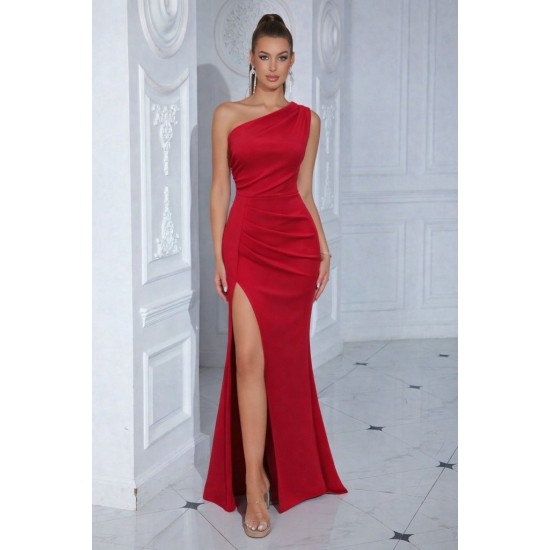 Kadın Tek Omuzdan Askılı Derin Yırtmaçlı Uzun Ithal Krep Elbise, 31586